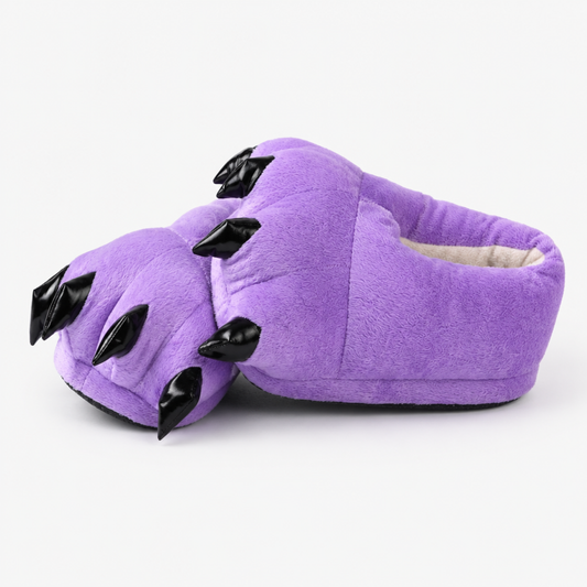 Purple dinosaur plush slipper, side profile showing textured spikes and claw toe detail