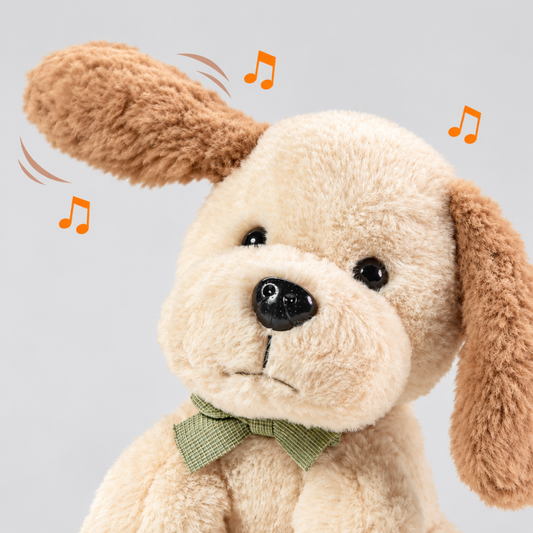 Close-up of the musical plush dog toy's moving ear and sing feature, with music note icons showing the interactive sound function