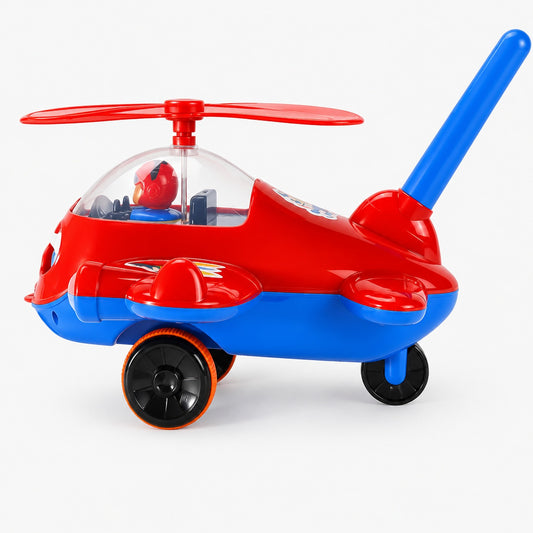 Red push along aeroplane walker toy, studio product shot on white background