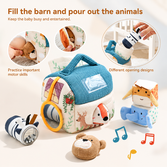 Plush farm barn sensory toy with roof flap open, showing how babies lift the corduroy flap to pull out hidden plush animals including the striped zebra rattle