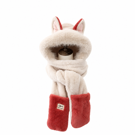Red plush winter hood scarf, alternate studio photo of the same red colourway on white background