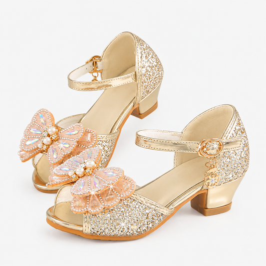 Girls' Princess Crystal Heel Sandals in gold - studio product shot on white background