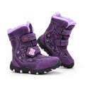 Kids Purple Winter Snow Boots, Plush-Lined Butterfly Print Waterproof
