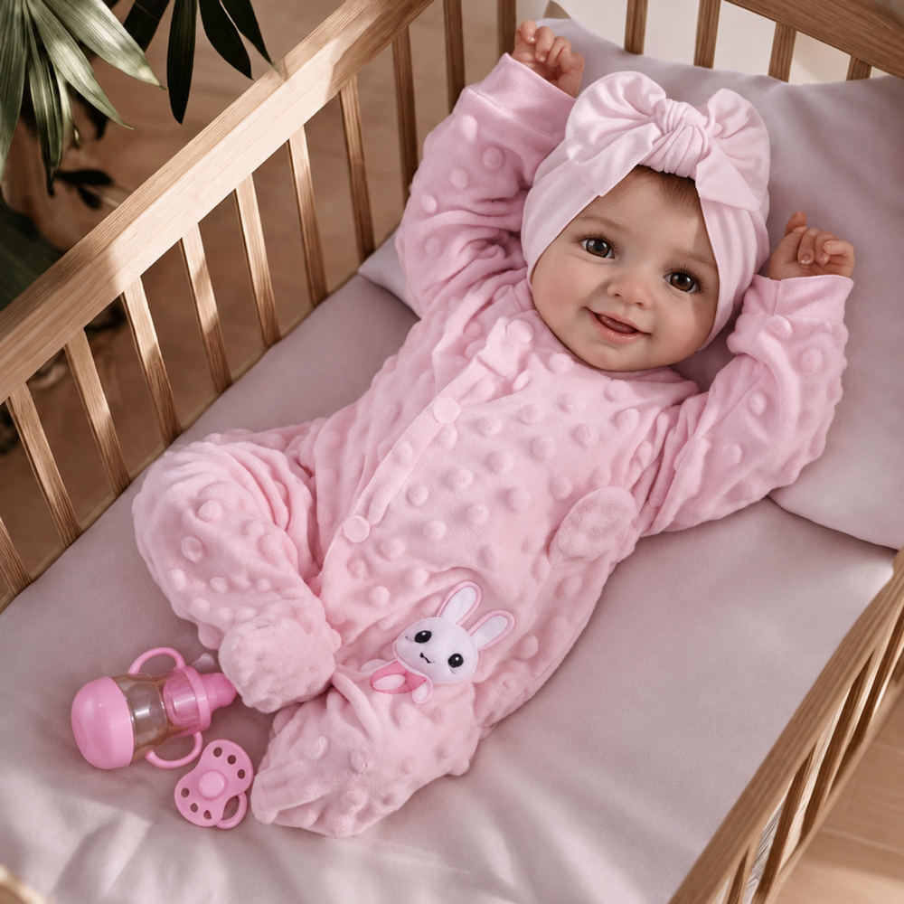 Reborn babypop, 43 cm – Realistisch zacht vinyl, poseerbaar, lachende pasgeborene met accessoires