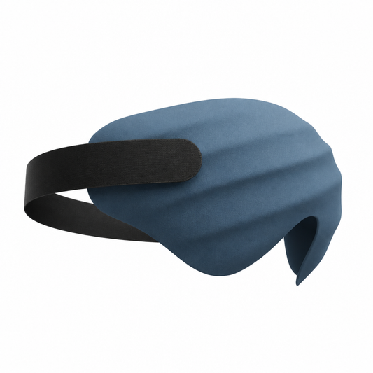 Blue 3D contoured sleep mask, full light-blocking eye mask, clean studio product photo