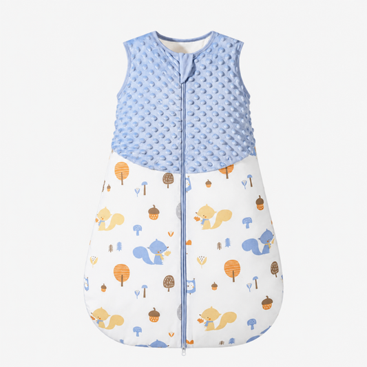 Sleeveless baby sleep sack in happy squirrel print, breathable cotton-blend fabric with capless safe-sleep design