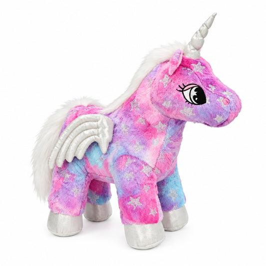 Pink magical unicorn plush toy with silver wings and star details, studio shot on white background