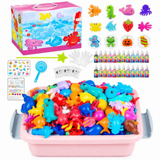 DIY Ocean Animal Water Moulding Craft Set pink edition - pink gift box with charms, pigment bottles and tub of colorful soaked sea animal shaped beads