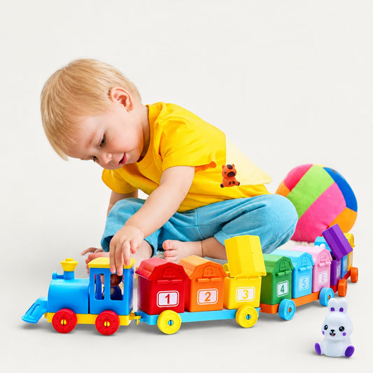 Toddler boy playing with the wooden farm animal train toy set carriages