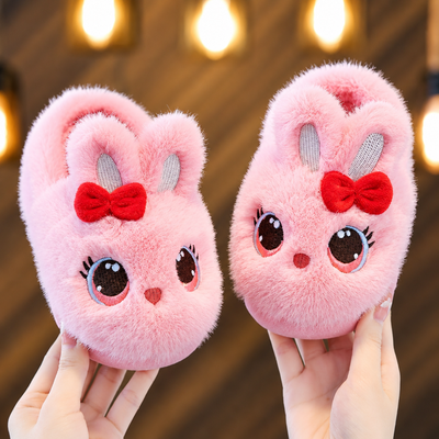 Pantofole da bambina a forma di coniglietto soffice con fiocco, scarpe da casa invernali in morbido peluche
