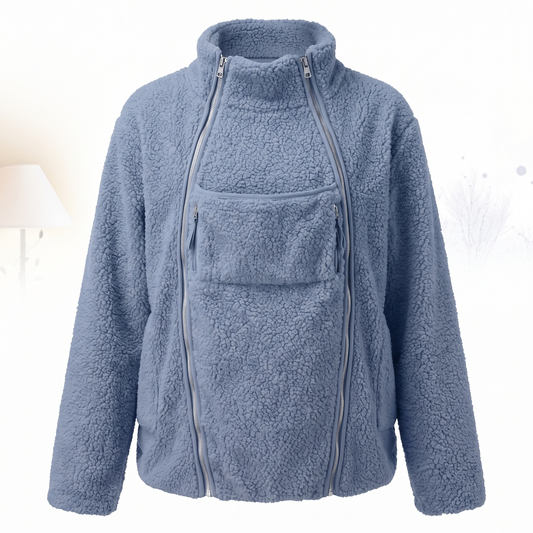 Blue fleece maternity babywearing jacket, studio photo