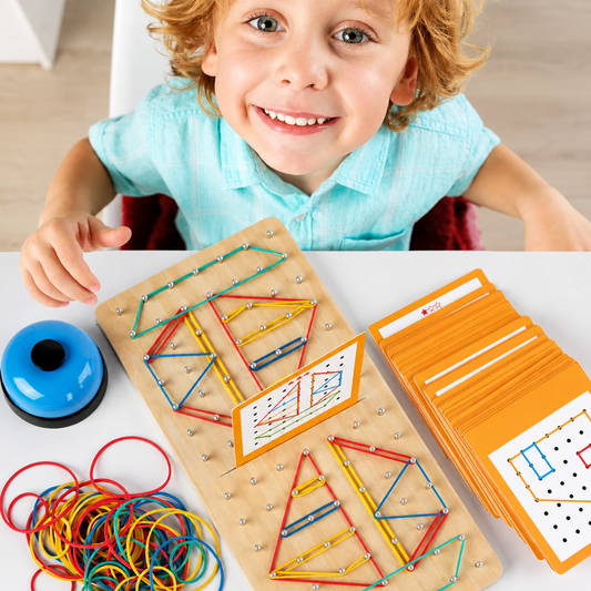 Child joyfully playing with the wooden geoboard battle game at a table, stretching rubber bands into geometric shapes