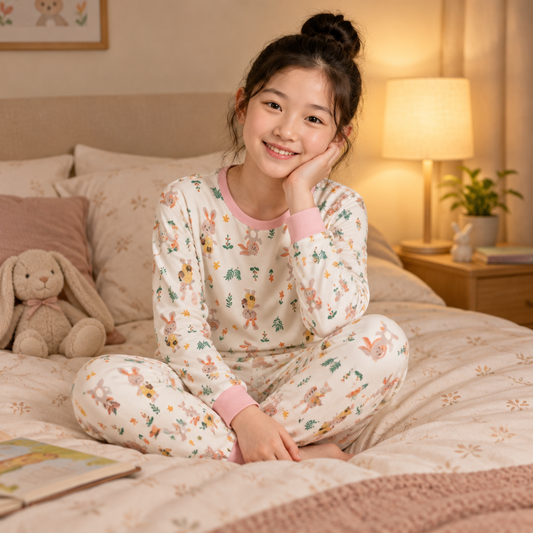 Girl wearing Girl & Bunny print kids pyjama set, sitting on bed at bedtime