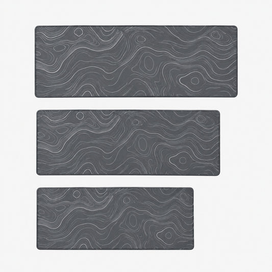 Grey topographic map print extended gaming desk mat, full view