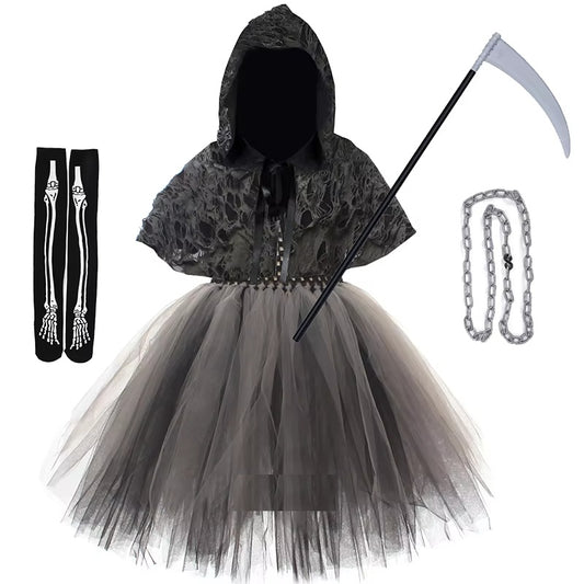 Girls grim reaper dress with scythe, chain and skeleton socks