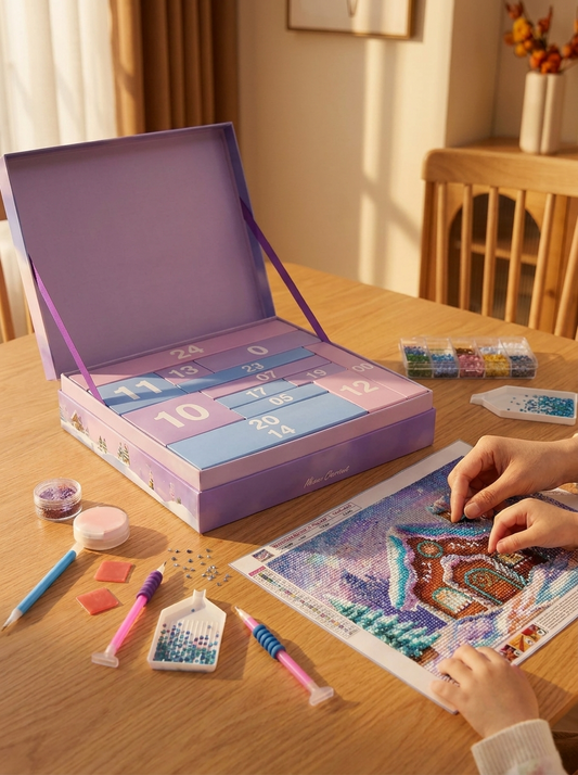 Advent calendar in use with family enjoying Christmas diamond painting craft