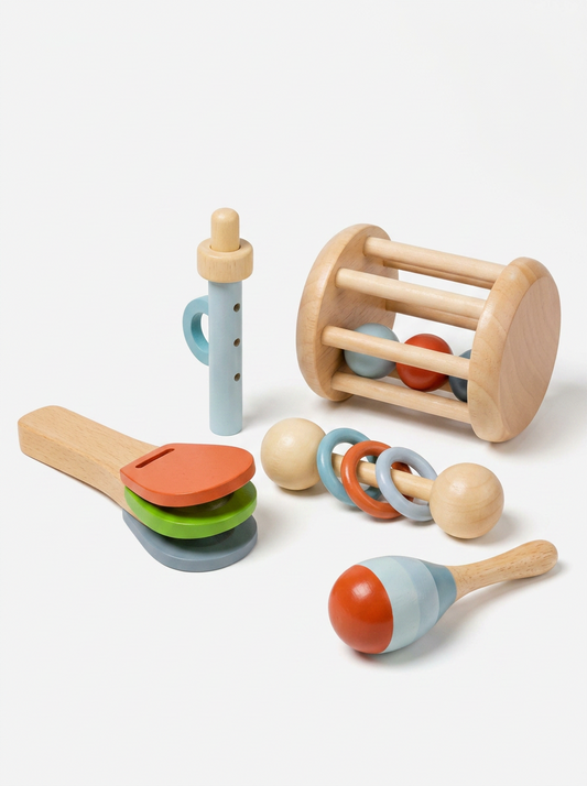 Full Montessori wooden musical set laid out