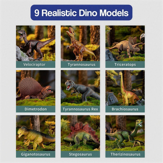 9 realistic dinosaur models included: velociraptor, tyrannosaurus, triceratops and more
