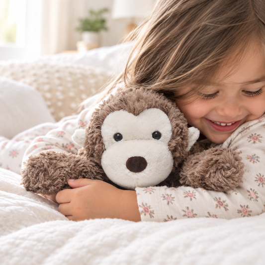Young child happily hugging the soft plush monkey toy in bed