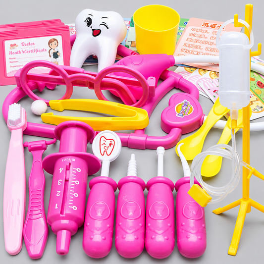 Pink 31-piece kids doctor and dentist pretend play set with stethoscope, glasses, syringe and dental tools