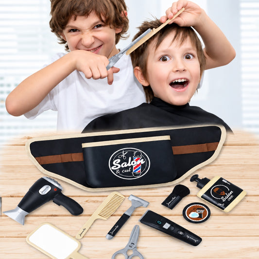 Two boys playing barber with toy scissors and comb behind the pretend play barber set with tool belt, hair dryer and electric trimmer
