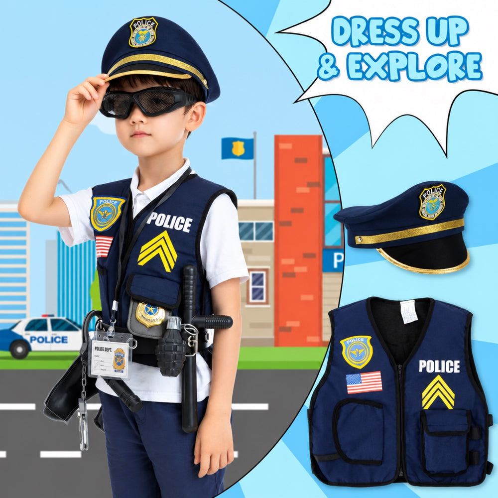Kids Police Officer Costume Set – 14-Piece Vest, Cap & Accessories