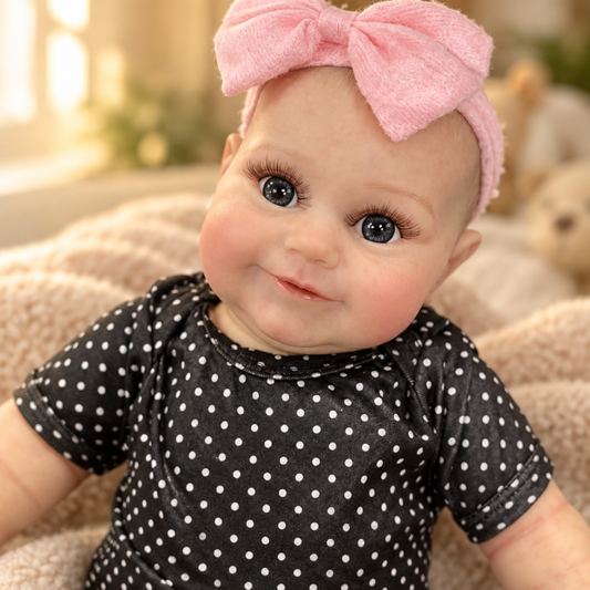 Close-up of Maddie reborn doll's face under warm nursery light, showing hand-painted realistic skin detail, rooted hair and soft newborn features