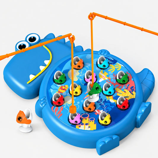 Magnetic fishing toy set fully assembled showing dinosaur-shaped board and colorful fish pieces