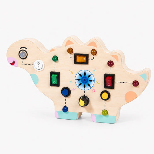 Dinosaur-shaped wooden Montessori busy board with buckles, switches, and gears for toddlers age 3+