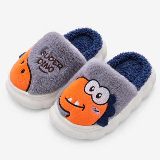 Grey monster face plush slipper, side angle view showing sole and fluffy lining