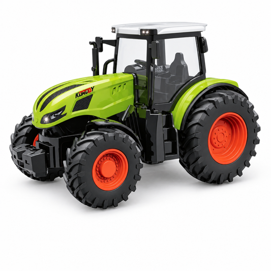 Diecast 1:16 scale narrow-body farm tractor toy with studio lighting on cab and wheels