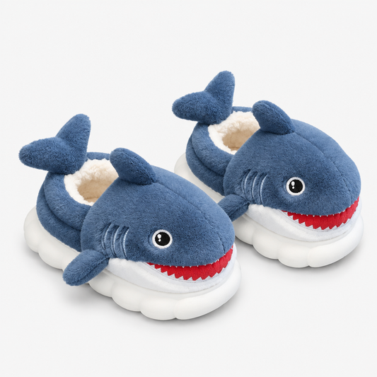 Navy blue shark-shaped kids slippers, pair shown together on white background