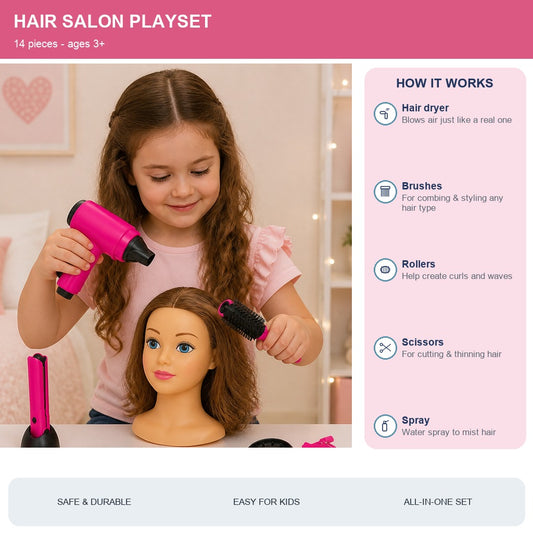 14-Piece Kids Hair Salon Pretend Playset - how it works
