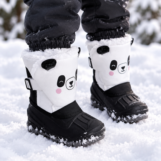 Panda print kids winter snow boots worn by child outdoors in snow