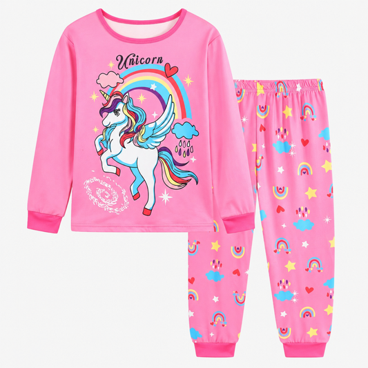 Pink Rainbow Unicorn print girls pyjama set, front view