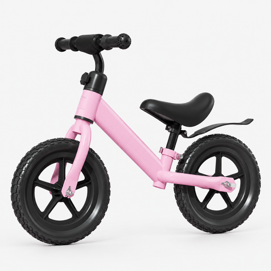 Pink adjustable balance bike for toddlers, three-quarter studio view showing frame, seat, and tires