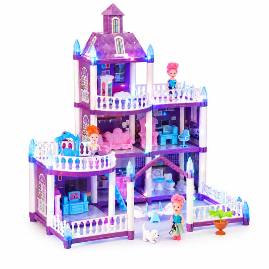 6-room three-storey princess castle dollhouse with lights switched on, curved white balconies, bathroom, living room and three mini dolls
