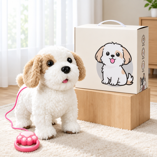 Brown Shih Tzu electric plush puppy toy with lead and remote paw button