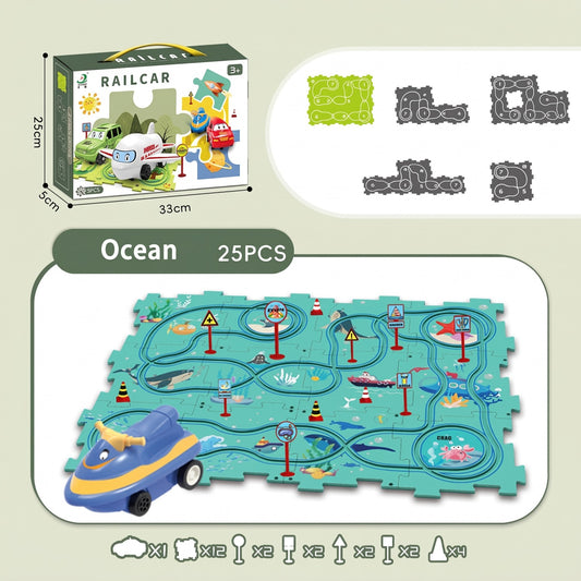 Kids puzzle race track playset, ocean theme, 25 pieces, with toy jet ski