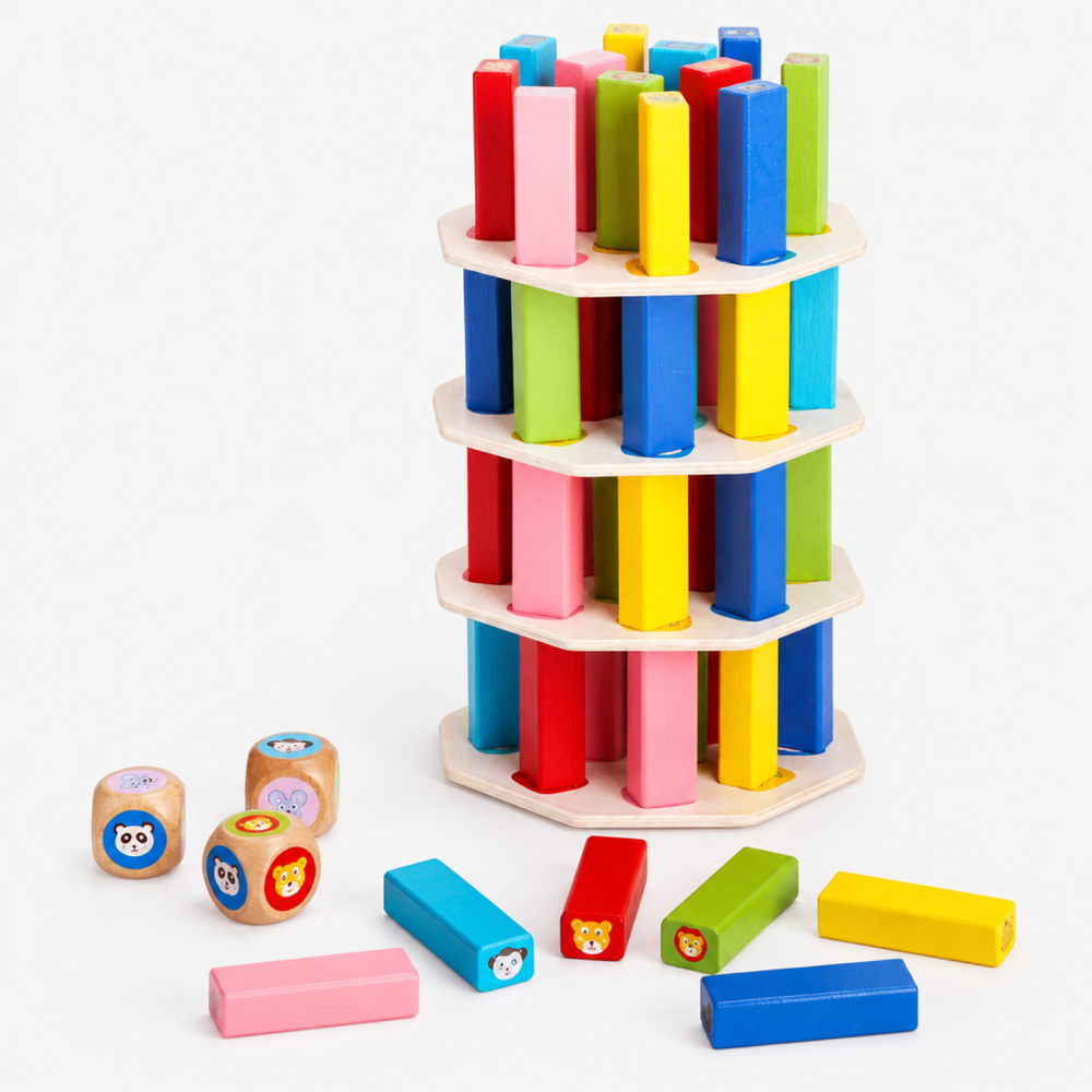 Regenbogen-Stapelfiguren aus Holz – Montessori-Würfelspiel