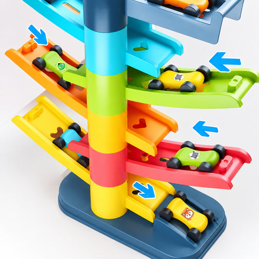 Close-up of the ramp racer tower's winding tracks with mini cars gliding down between levels