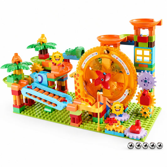 Big Marble Race Run building block tower assembled without baseplate, showing the multi-level marble track and funnel slide