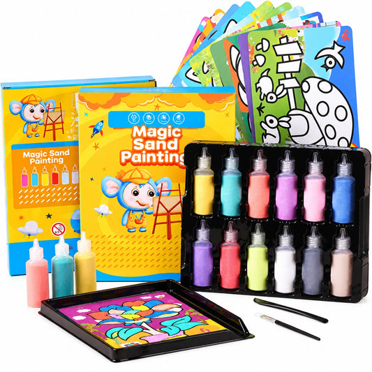 Sand painting kit box with twelve colored sand bottles and design cards