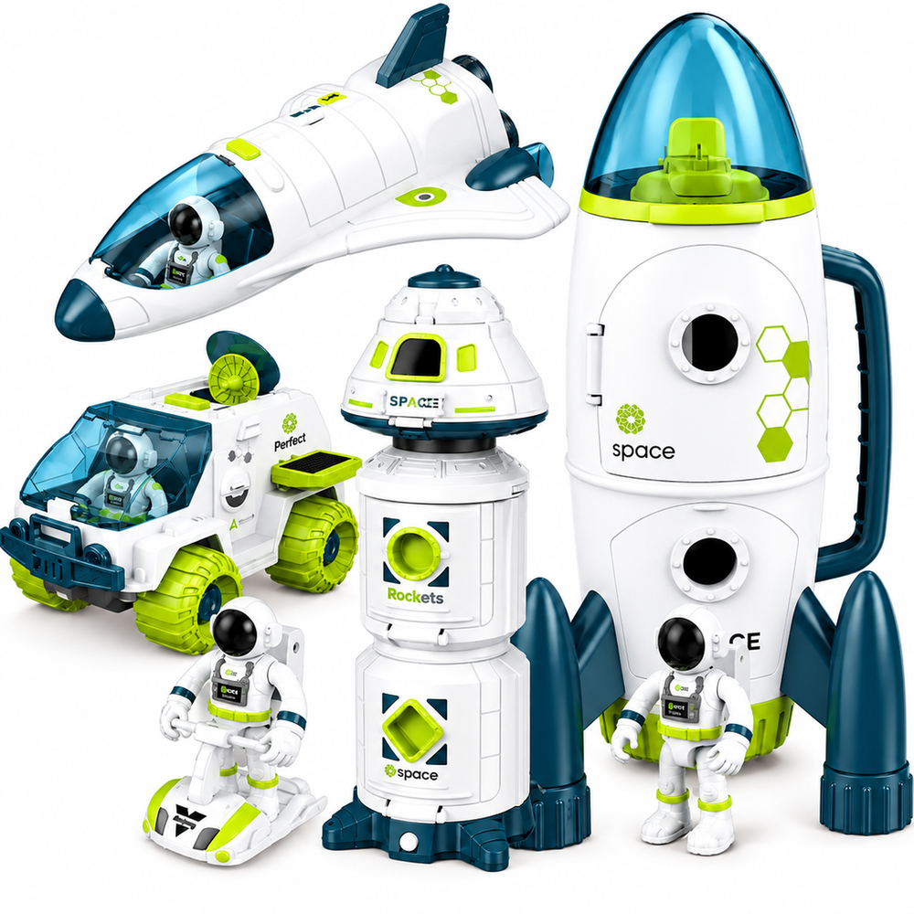 Set di gioco missione spaziale - Razzo, navetta, stazione spaziale e statuette di astronauti