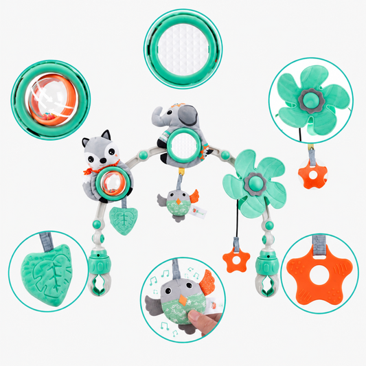 Musical stroller toy bar close-up of rotating ball, mirror, windmill, sound paper, music box and teether features