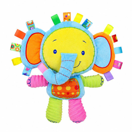 Blue and yellow elephant taggy plush rattle with crinkle ribbon tags around the head