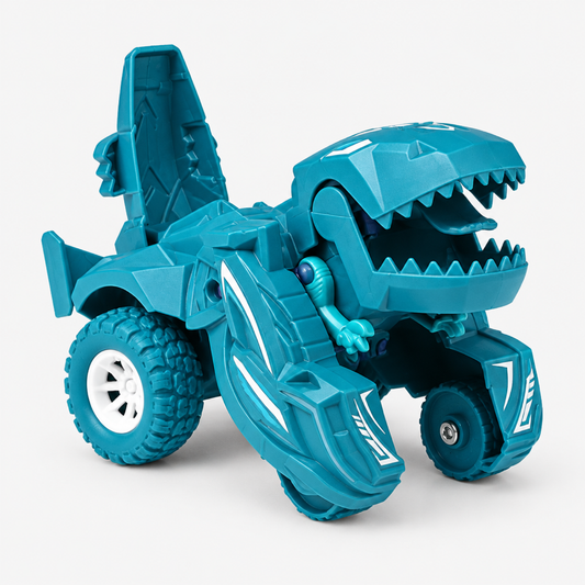 2-in-1 transforming dinosaur car toy in teal, dinosaur mode extended, diecast mini vehicle