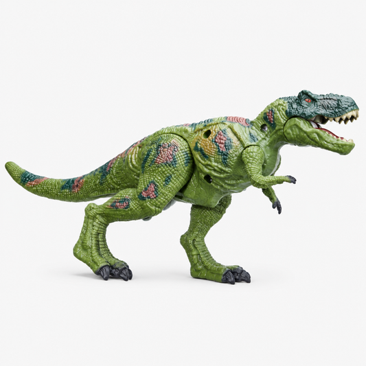 Realistic Tyrannosaurus Rex dinosaur action figure toy with movable joints, green textured body with open roaring mouth, age 3+