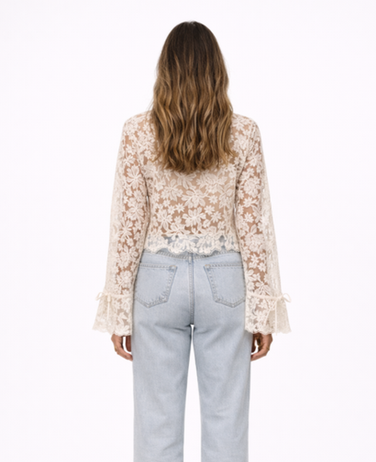 Floral Lace Cropped Blouse Women – V-Neck & Flared Tie Sleeves, Elegant Summer Occasion