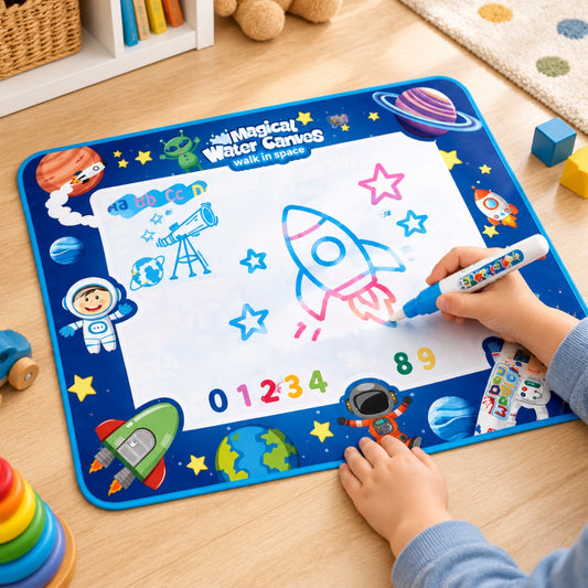 Child drawing a rocket and stars with a magic water pen on the space doodle mat, colours appearing where water touches